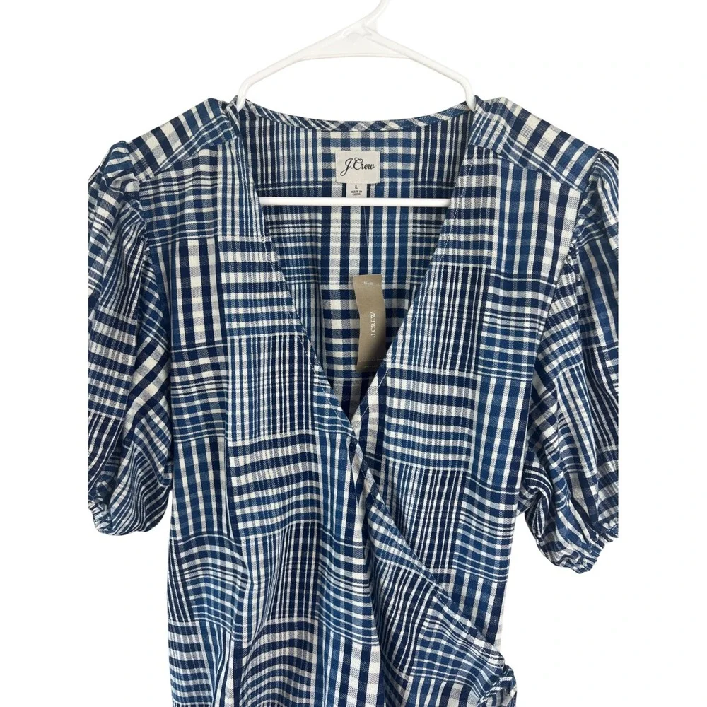 J. Crew Blue and White Plaid Short Sleeve Wrap Blouse